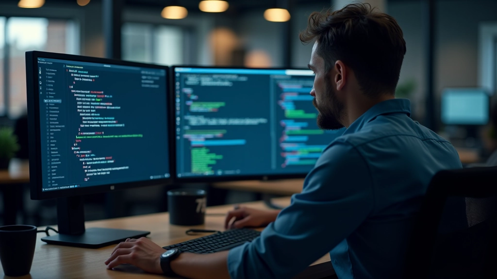 Developer looking at state tracking diagram on multiple monitor screens showing variable relationships and choice outcomes