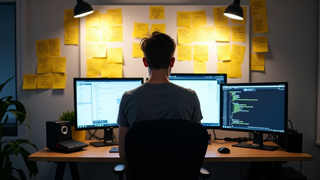 Person working at standing desk with notes and diagrams pinned to wall showing dialogue flow and variable tracking