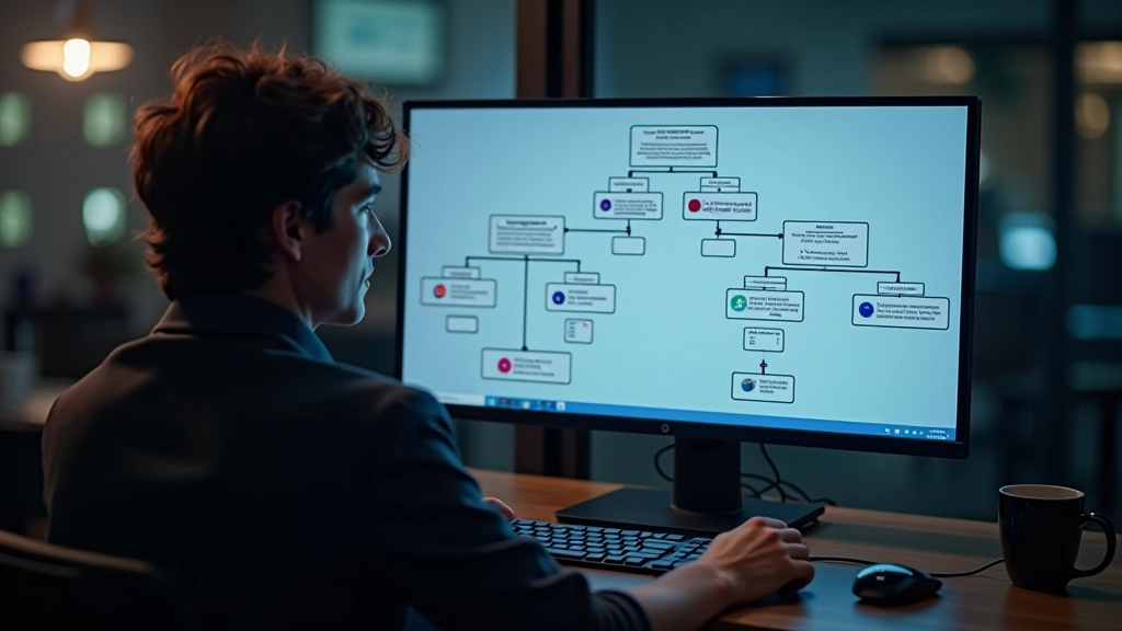 Game developer workspace with dialogue tree flowchart on monitor showing branching conversation paths