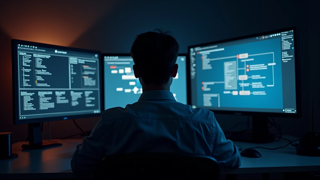 Game developer working on narrative branching diagram on computer screen