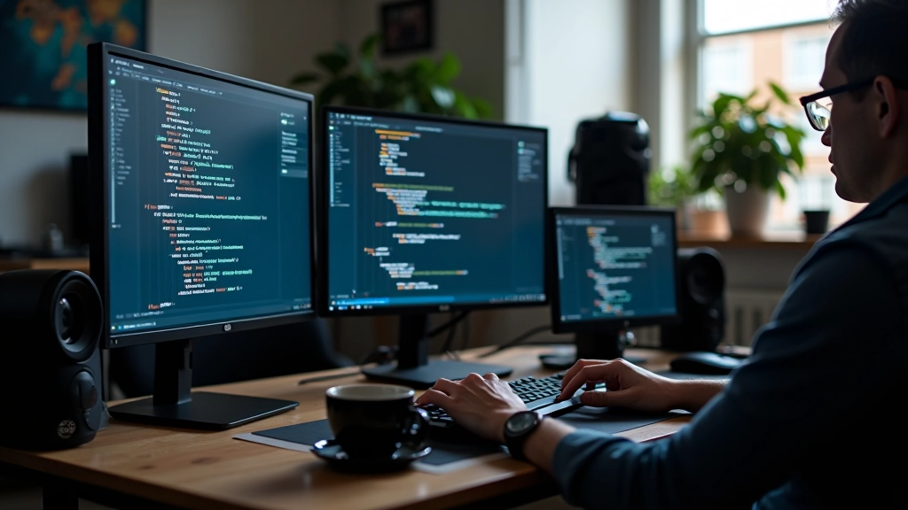 Modern game design studio workspace with multiple monitors and narrative documentation