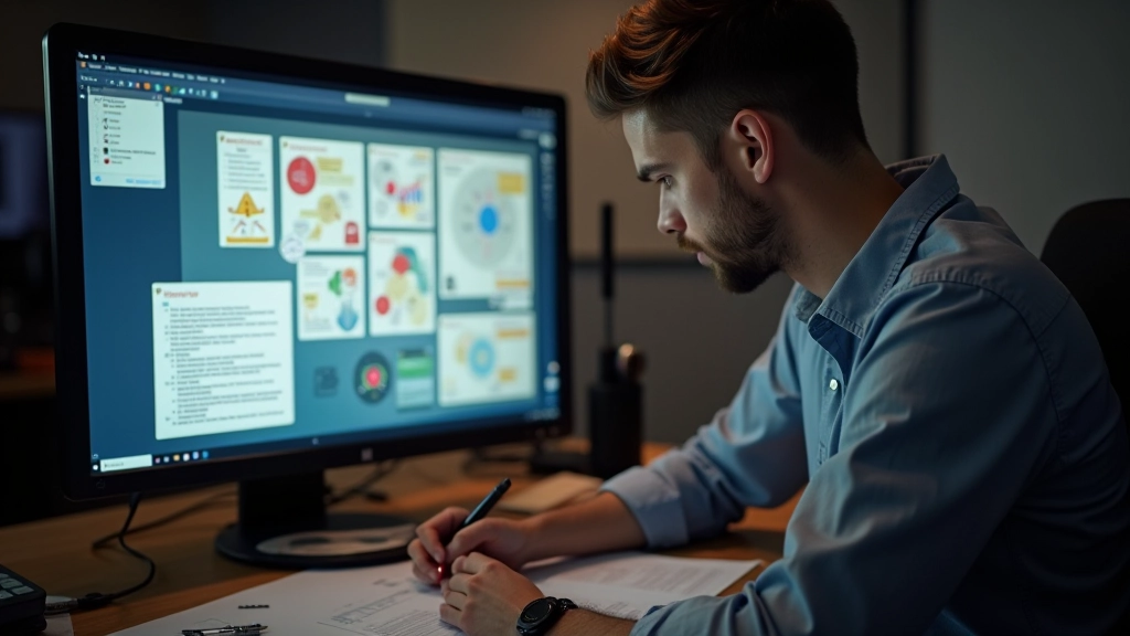 Game narrative designer working on story structure at desk with computer and notes