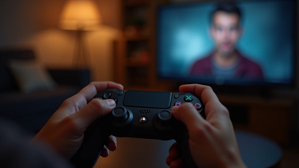 Close-up of hands holding game controller with NPC character displaying emotional response on screen