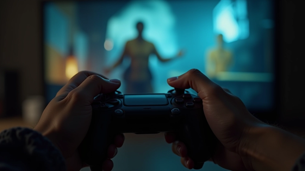 Player holding game controller with branching story paths visualized on screen