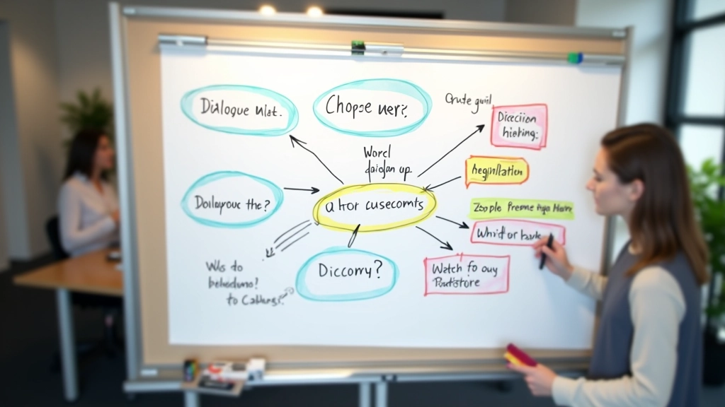 Dialogue tree diagram showing branching conversation paths with multiple decision points and outcomes